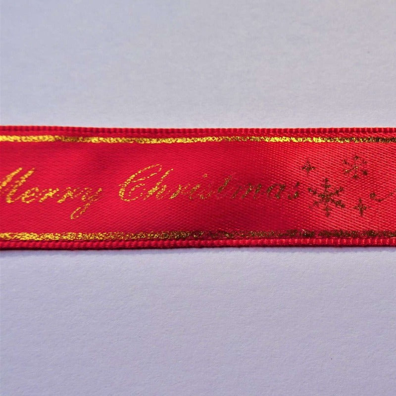 20mts gold foil red satin ribbon Merry Christmas design 20mm wide