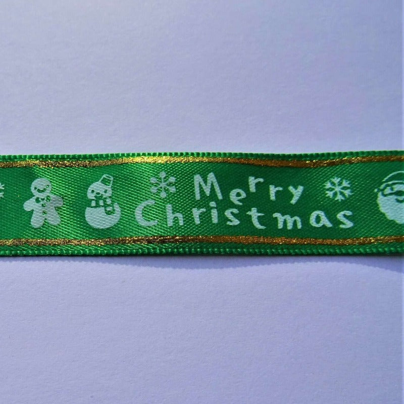 20mts gold foil GREEN satin ribbon Merry Christmas and pictures design 15mm wide