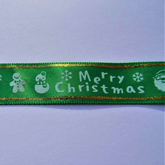 20mts gold foil GREEN satin ribbon Merry Christmas and pictures design 15mm wide