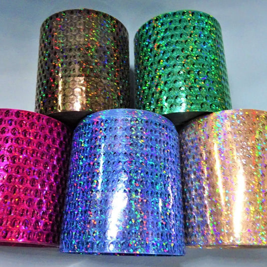 20 meters of holographic type PUNCHINELLA SEQUIN WASTE 80mm wide [ 6mm holes ] clearance NEW COLOURS