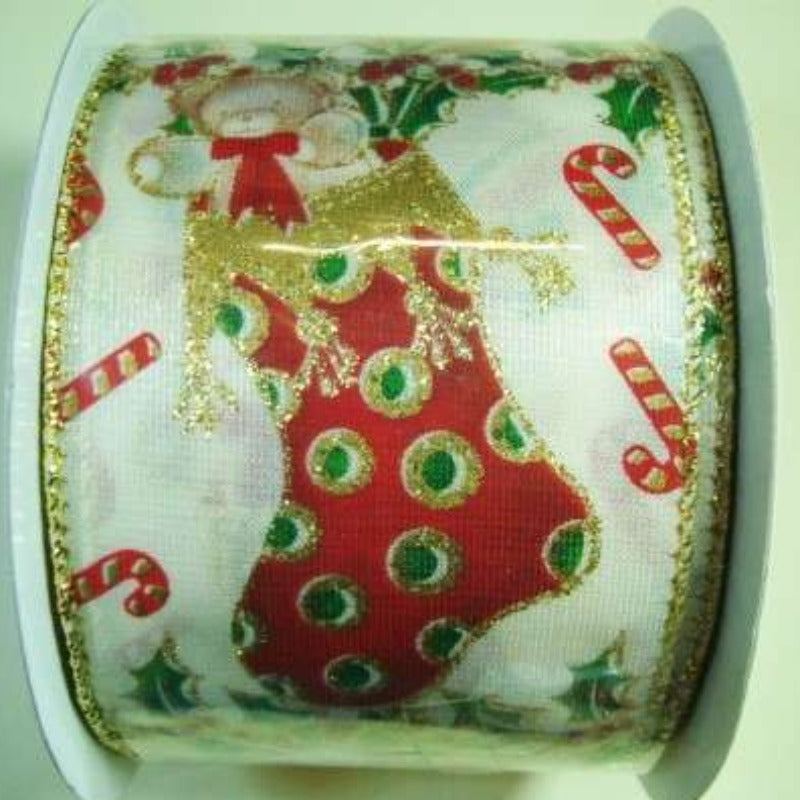 Christmas design ribbon Stocking and Cane design edge ribbon 60mm wide