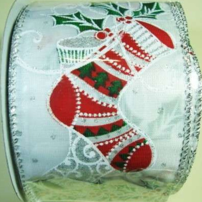 Christmas design ribbon Holly and Stocking design wired edge 60m wide