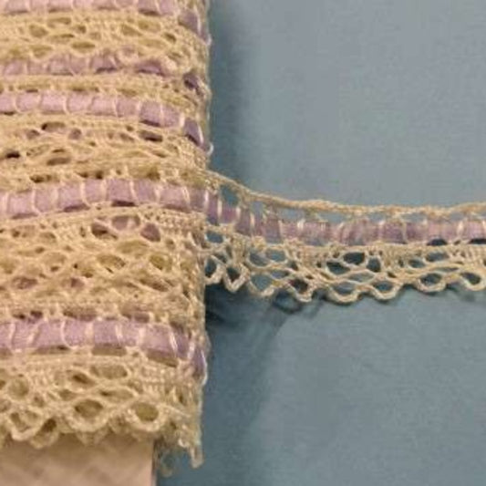 20 metres of ivory lace 18mm wide with 3mm light lilac satin ribbon clearance