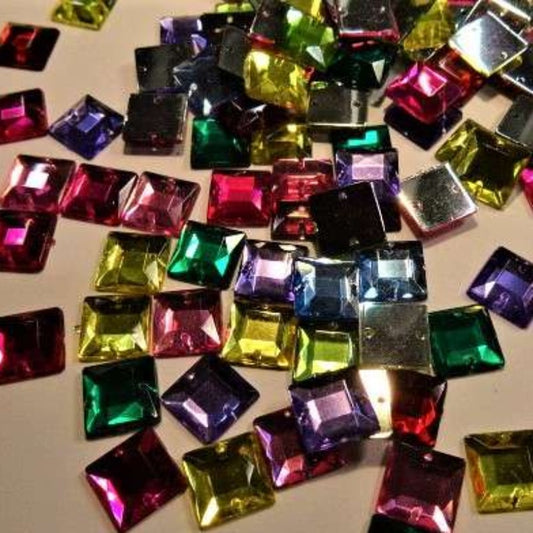 100 square acrylic sew on stones 12mm ASSORTED colours clearance