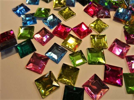 100 square acrylic sew on stones 14mm ASSORTED colours clearance