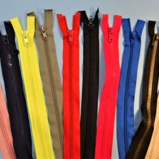 10 random assorted open end zips different types, sizes and colours