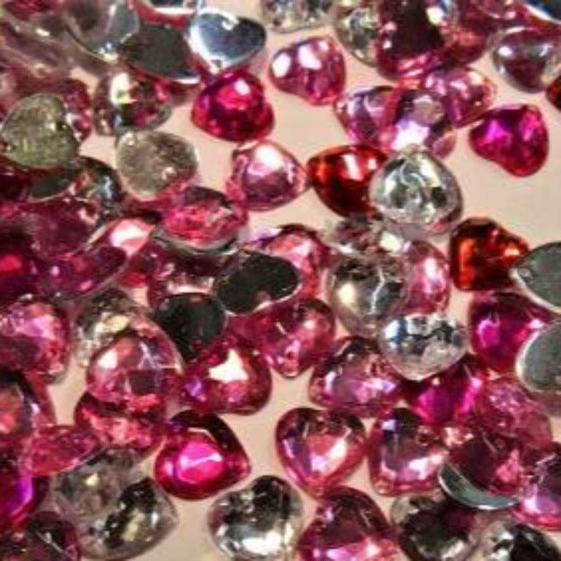 200 heart shape acrylic sew on stones 10mm mixed  RED / CLEAR / LIGHT PINK / BRIGHT PINK colours clearance