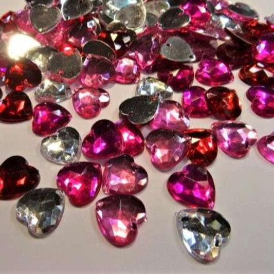100 heart shape acrylic sew on stones 14mm mixed  RED / CLEAR / LIGHT PINK / BRIGHT PINK colours clearance