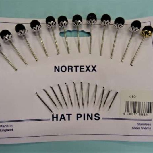 Card of 12 hat pins with black top with fancy silver cup