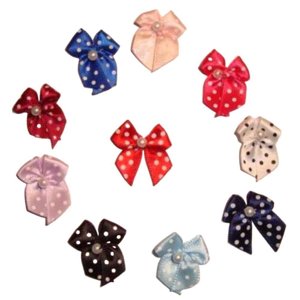 100 polka dot / spot bows with one pearl 9.5mm ribbon