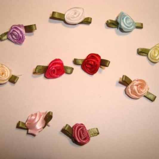 100 small ribbon roses with green leaf [ rose size 12mm ] choice of colour