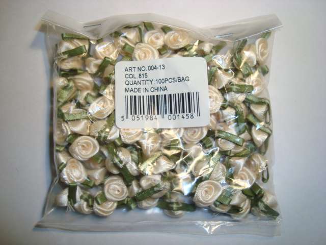 100 small ribbon roses with green leaf [ rose size 12mm ] choice of colour