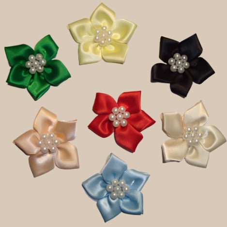 20 pearl centred spike type satin ribbon flower