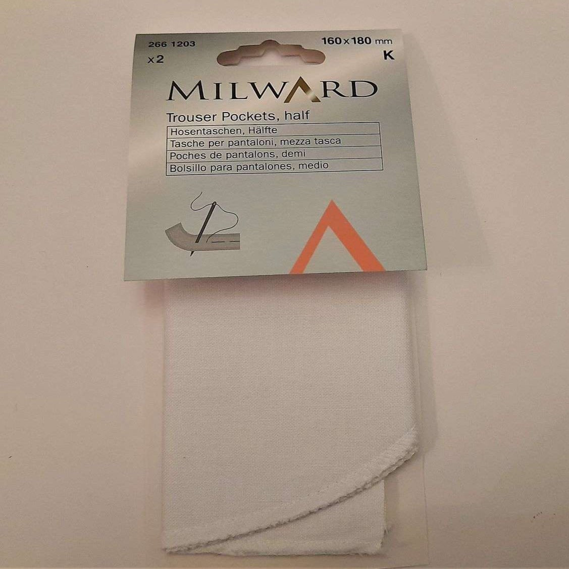 5 cards of one pair of WHITE half trouser pockets sew on cotton fabric Milward Brand size 16cm x 18cm clearance