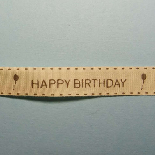 20 metre reel of cream cotton type Happy Birthday with balloon ribbon 16mm