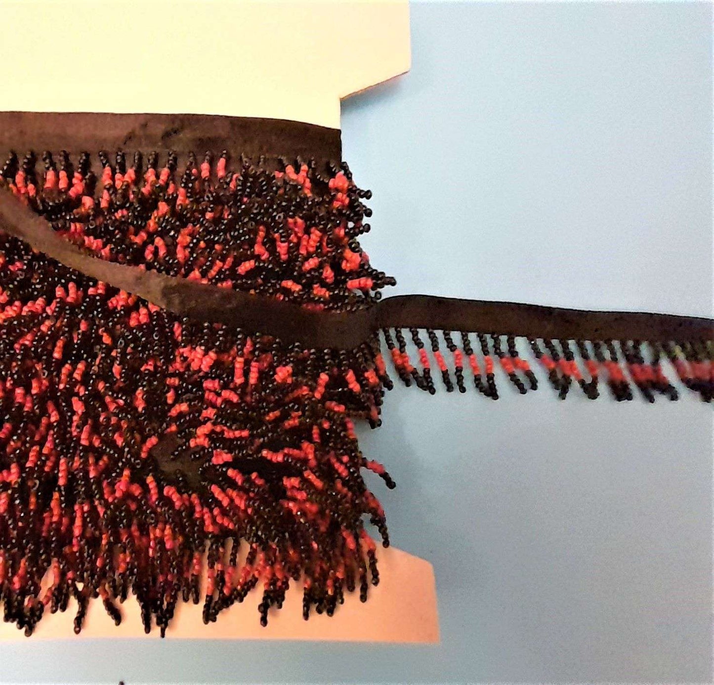 10 metres of maroon/black colour beaded fringing with 9mm ribbon 30mm wide clearance