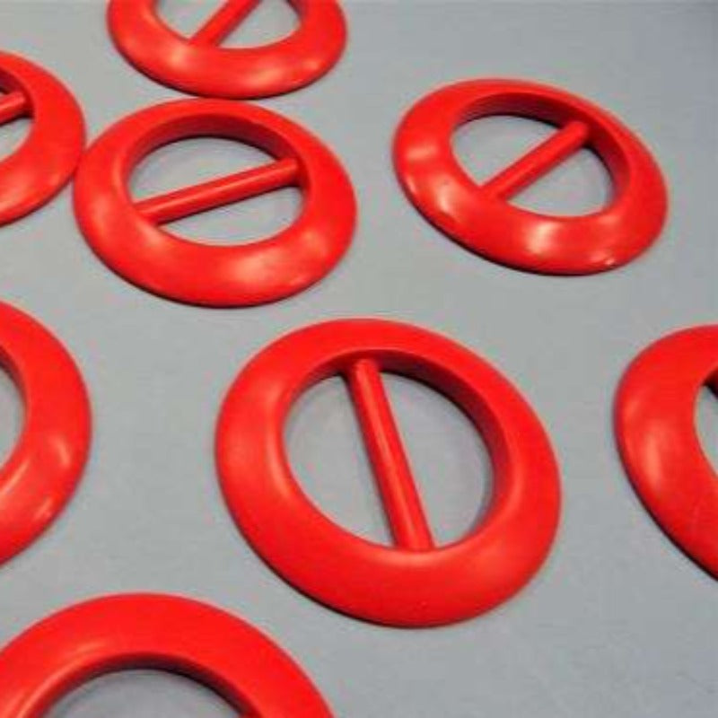 10 red coloured round plastic buckles 62mm clearance