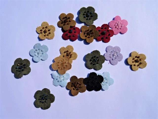 20 small suede type iron on motifs with beads assorted colours 22mm clearance