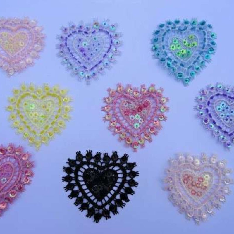 5 lace heart motifs with beads and sequins choice of colour size 80mm clearance