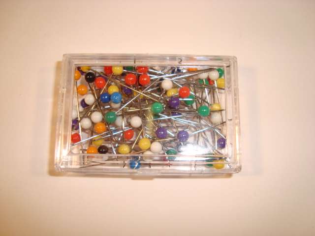 36 boxes of pins with assorted coloured plastic heads