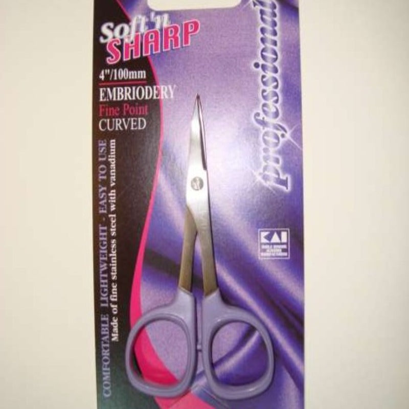 4 inch Soft’n Sharp Professional Embroidery Fine Point Curved scissors Janome brand with lilac handles professional by KAI Japan