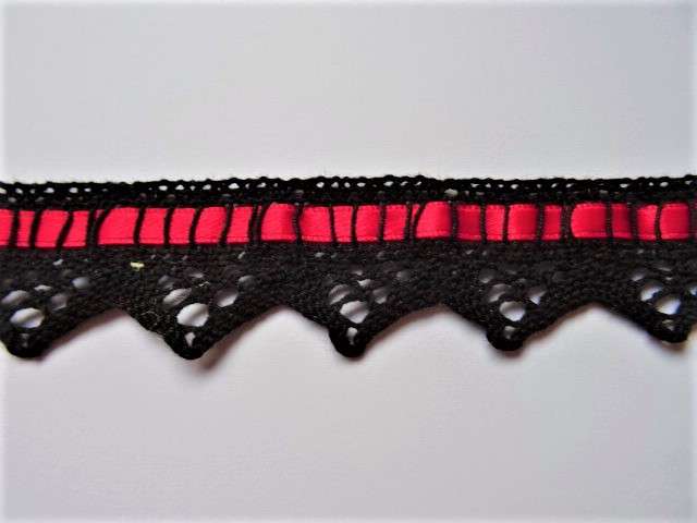 10 metres of black cotton lace 25mm with 6mm red satin ribbon clearance