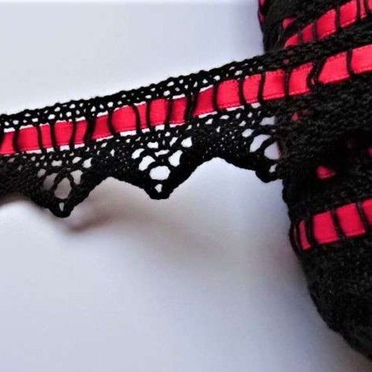 10 metres of black cotton lace 25mm with 6mm red satin ribbon clearance