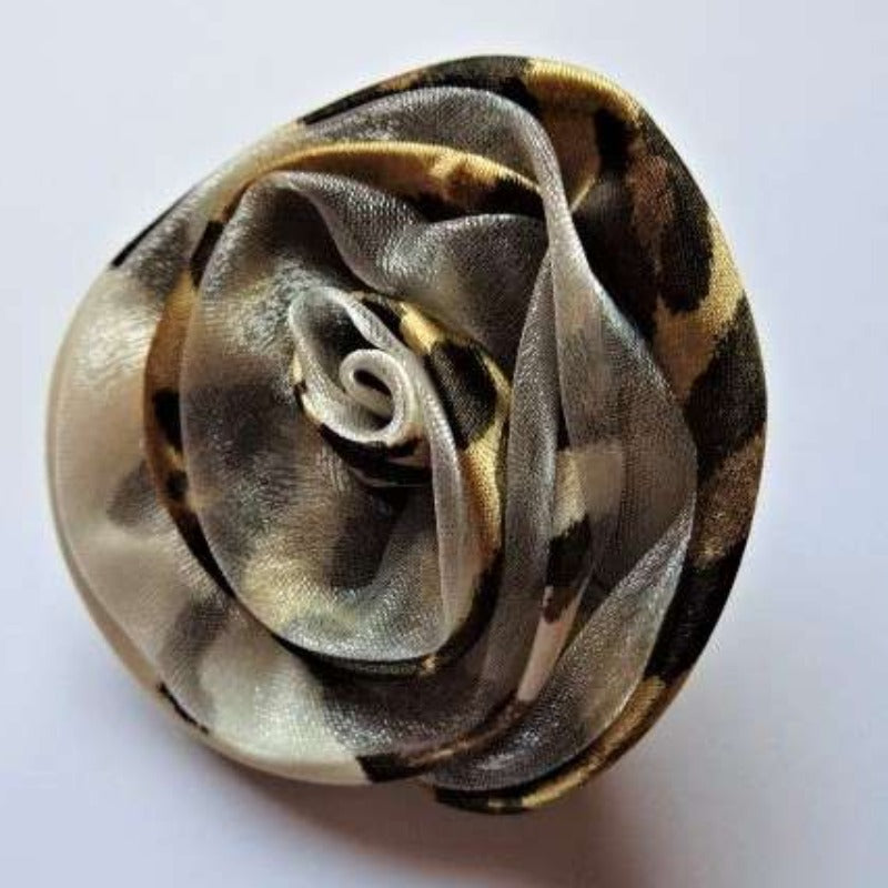 Brooch rose with soft satin and chiffon fabric cream/fawn/brown camouflage design 65mm clearance
