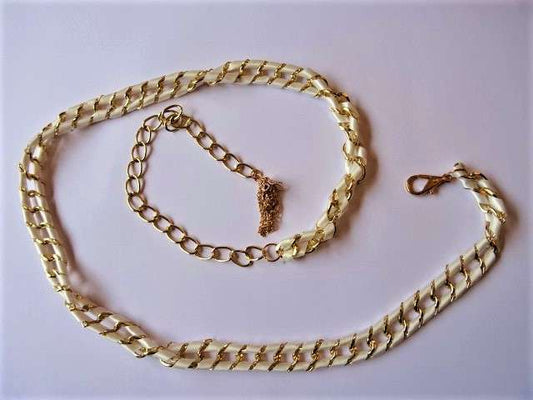 Fancy gold colour chain belts with ivory ribbon 115cm long with clasp clearance