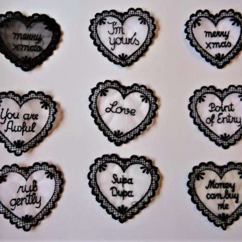 10 lace lace heart motifs choice of embroidered messages size 7cm x 6cm clearance