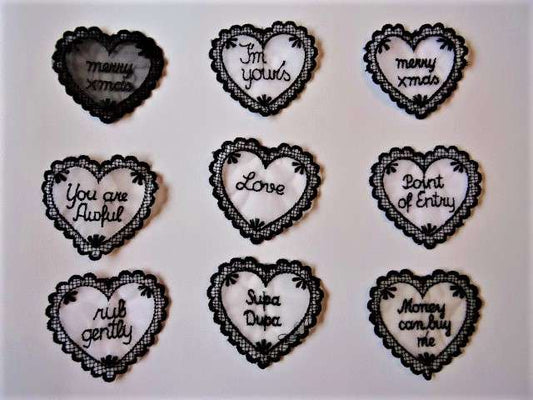 20 lace lace heart motifs with messages 70mm x 60mm clearance