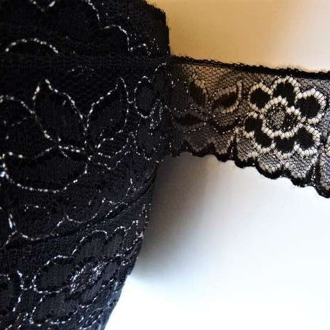 20 metres of black lace with metallic silver 35mm clearance