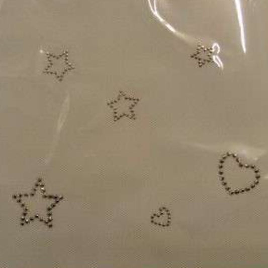 5 sheets of iron on Hotfix silver stars and heart iron on motifs assorted sizes 14mm to 32mm clearance 