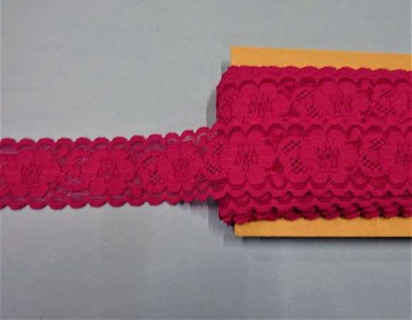 75 metre reel approximately of cerise floral stretch lace 30mm wide clearance