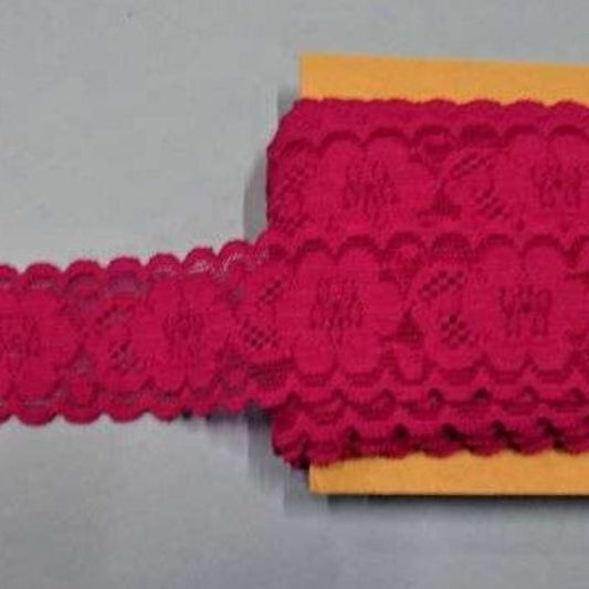 66 metre reel approximately of cerise floral stretch lace 30mm wide clearance