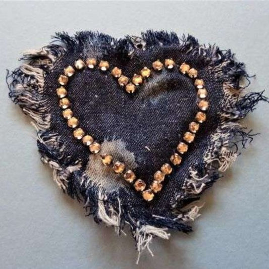 10 denim heart iron on motifs with diamante stones size 10cm x 9cm clearance