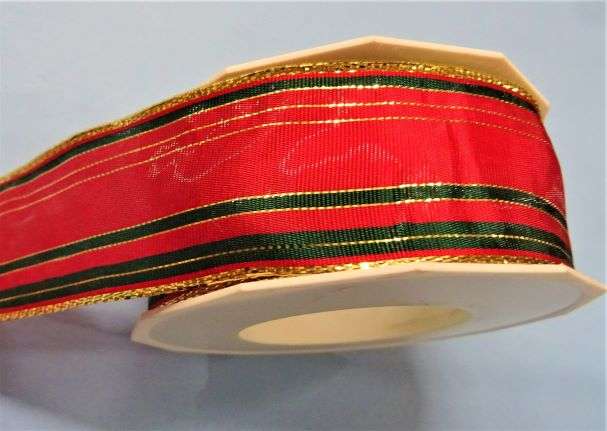 20 metres red and emerald green with metallic gold wired edge ribbon 40mm wide clearance