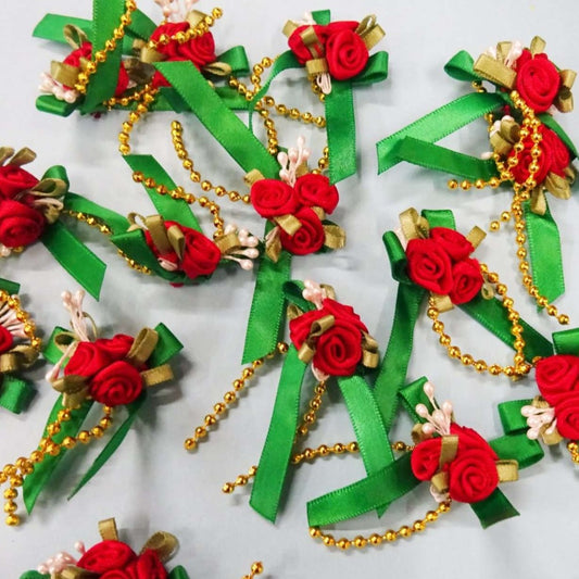 20 mixed triple rose bow with pearls size 2cm green bow / red roses / gold beads