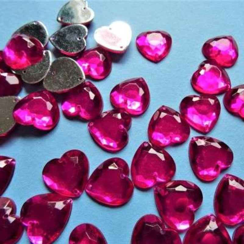 50 Cerise heart shape acrylic sew on stones 18mm clearance