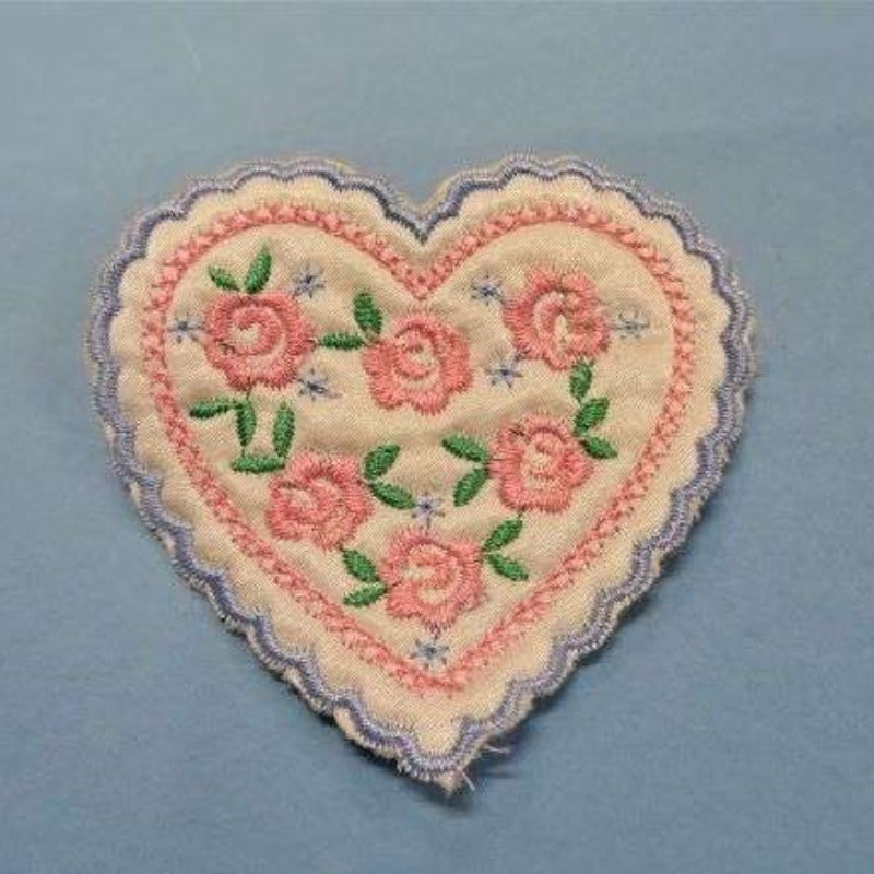 10 white satin heart motifs with light pink and light blue design and pink roses motifs size 75mm clearance