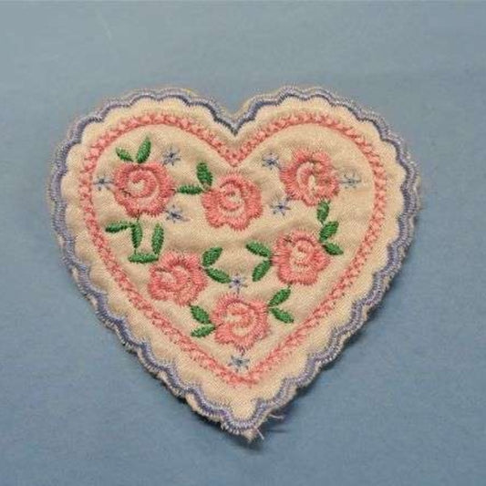 10 white satin heart motifs with light pink and light blue design and pink roses motifs size 75mm clearance