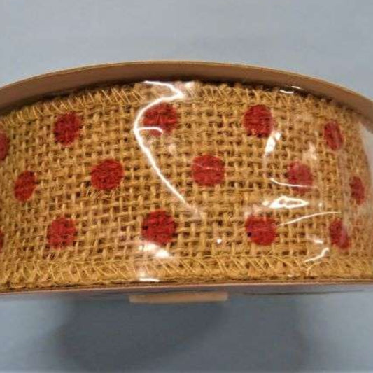 10 metres of hessian ribbon with RED SPOT design 38mm wide