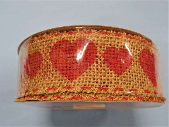 10 metres of hessian ribbon with RED HEART design 38mm wide