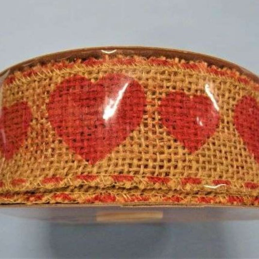 10 metres of hessian ribbon with RED HEART design 38mm wide