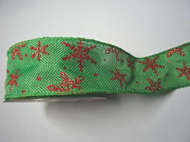 10 mt green wired edge ribbon with red snowflakes 50mm