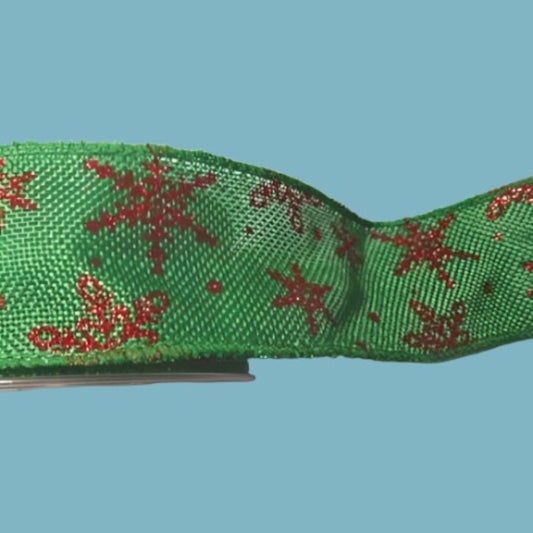 10 mt green wired edge ribbon with red snowflakes 50mm