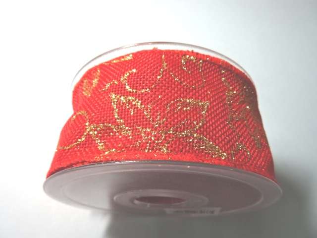 10 mt red wired edge ribbon with gold flowers 50mm