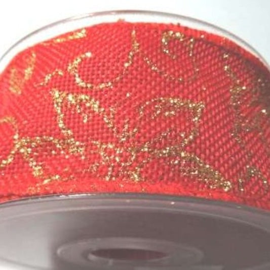 10 mt red wired edge ribbon with gold flowers 50mm