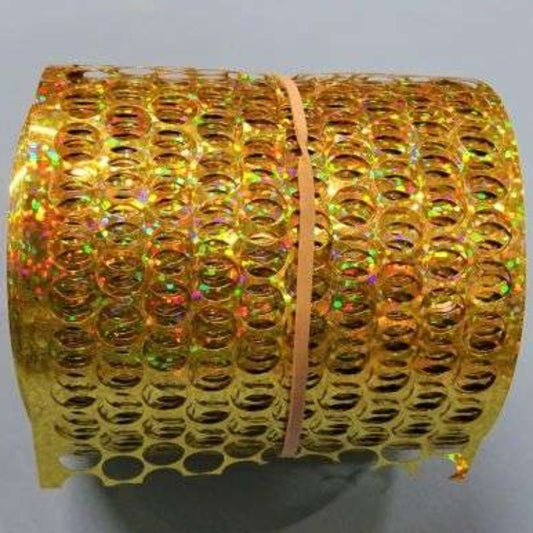 20 meters of holographic gold PUNCHINELLA SEQUIN WASTE 80mm wide with 8mm holes clearance