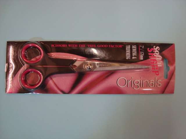 7 inch Soft n’ Sharp Original Side Sewing and Trimming Scissors Janome brand with black and pink handles